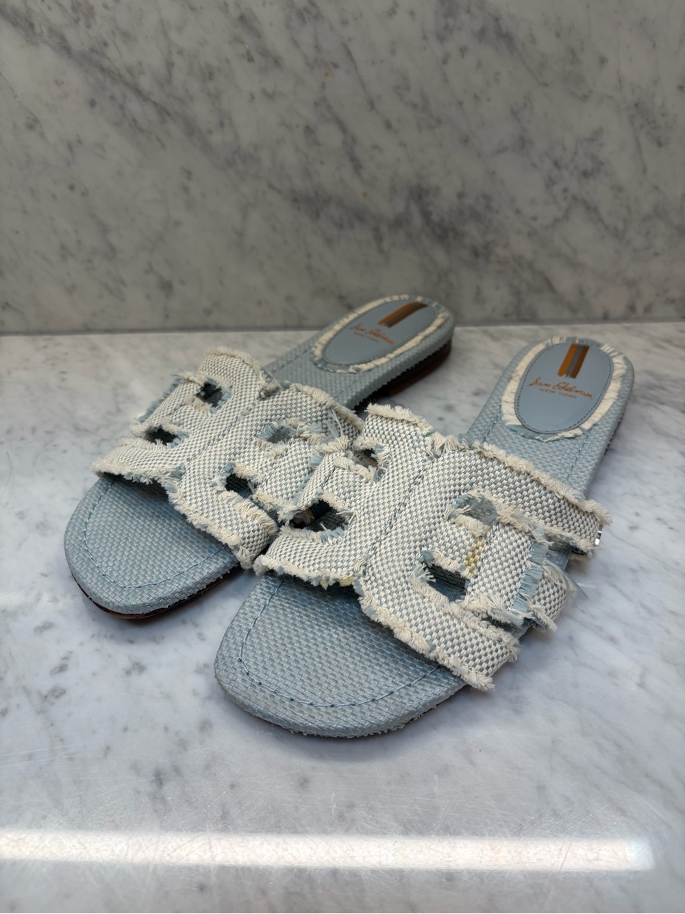 Sam Edelman Bay Fray blue woven logo slide sandals size 9.5